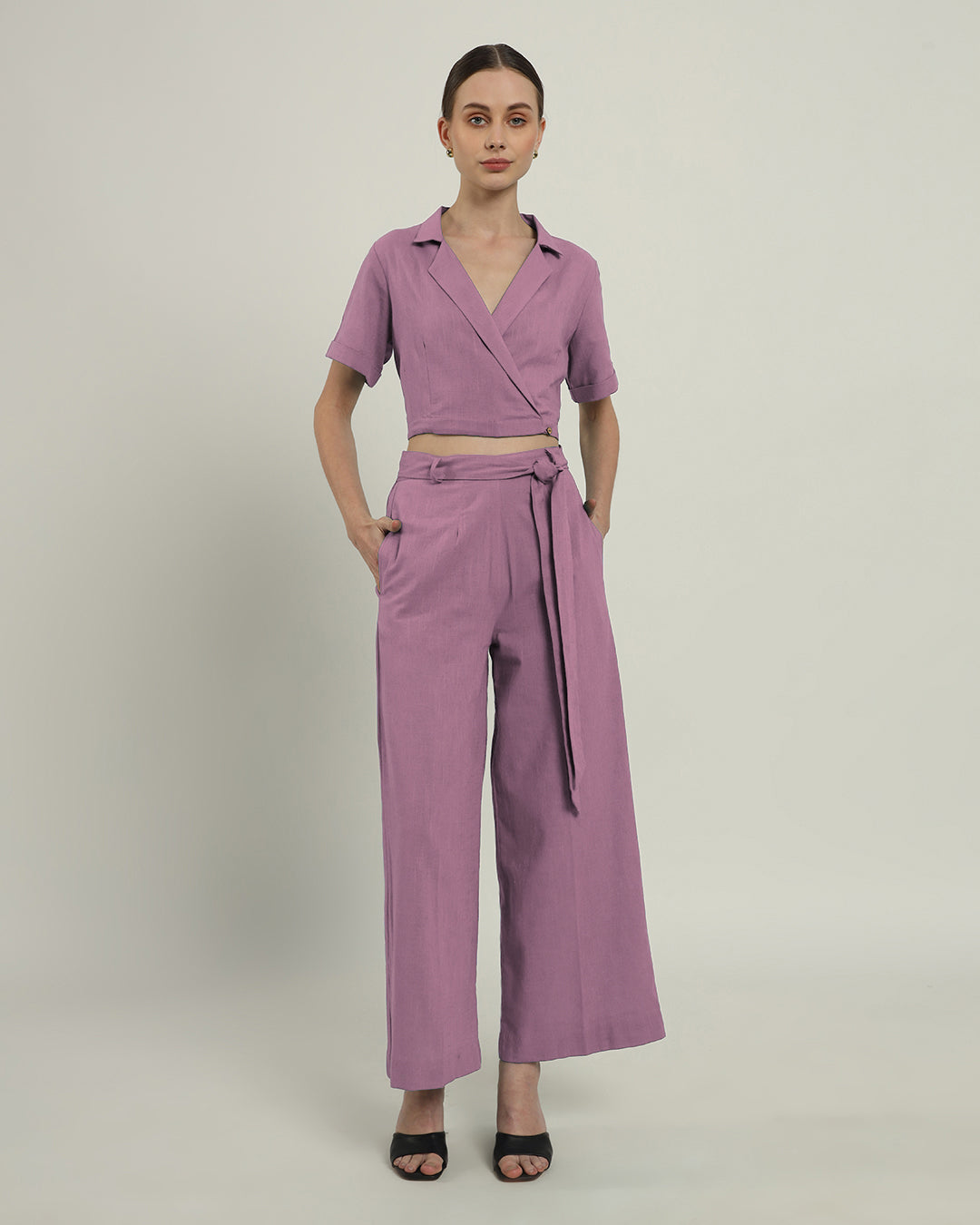 Purple Swirl Lapel Collar Solid Co-ord Set