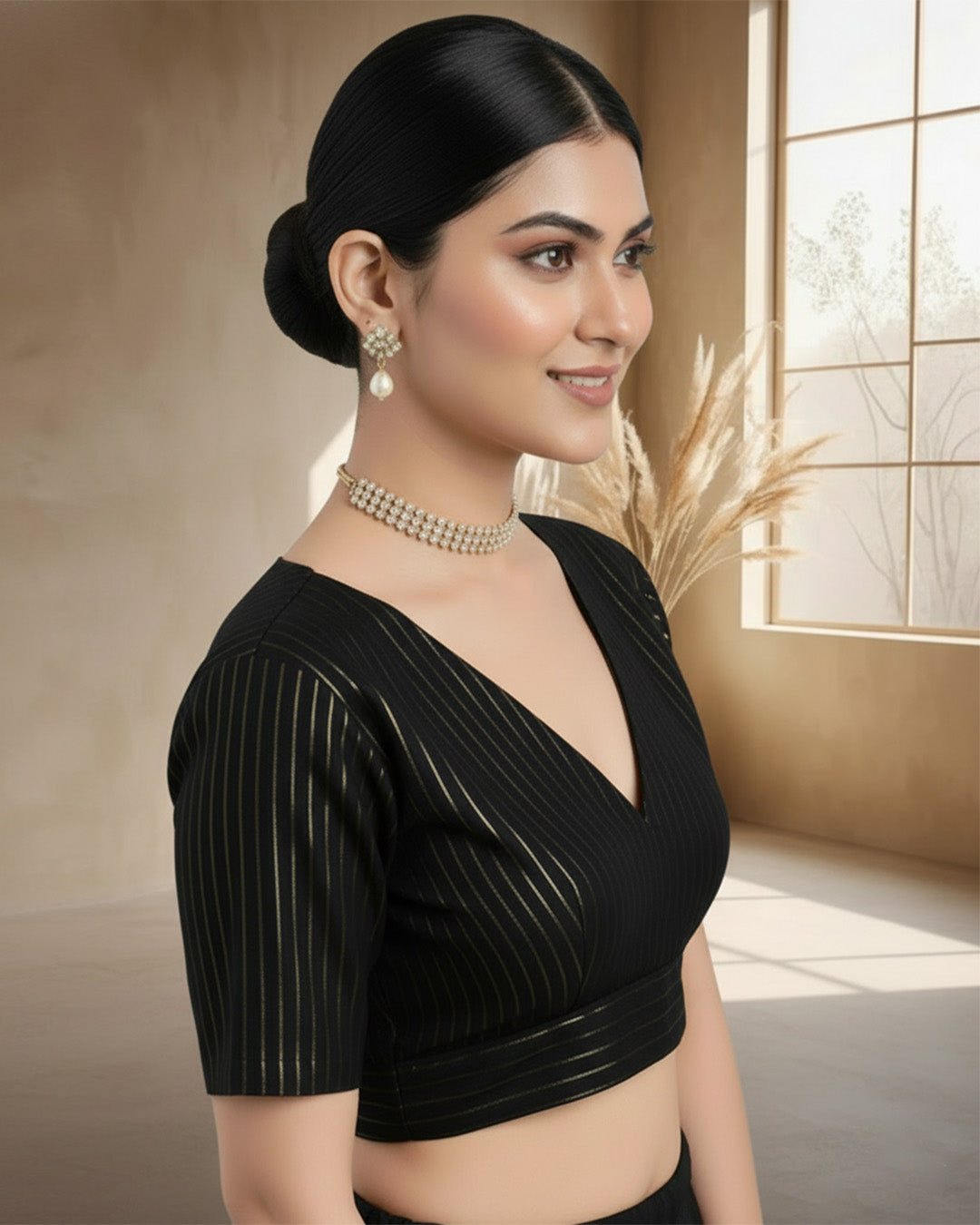 Festive Black Thin Golden Stripes Deep V Blouse