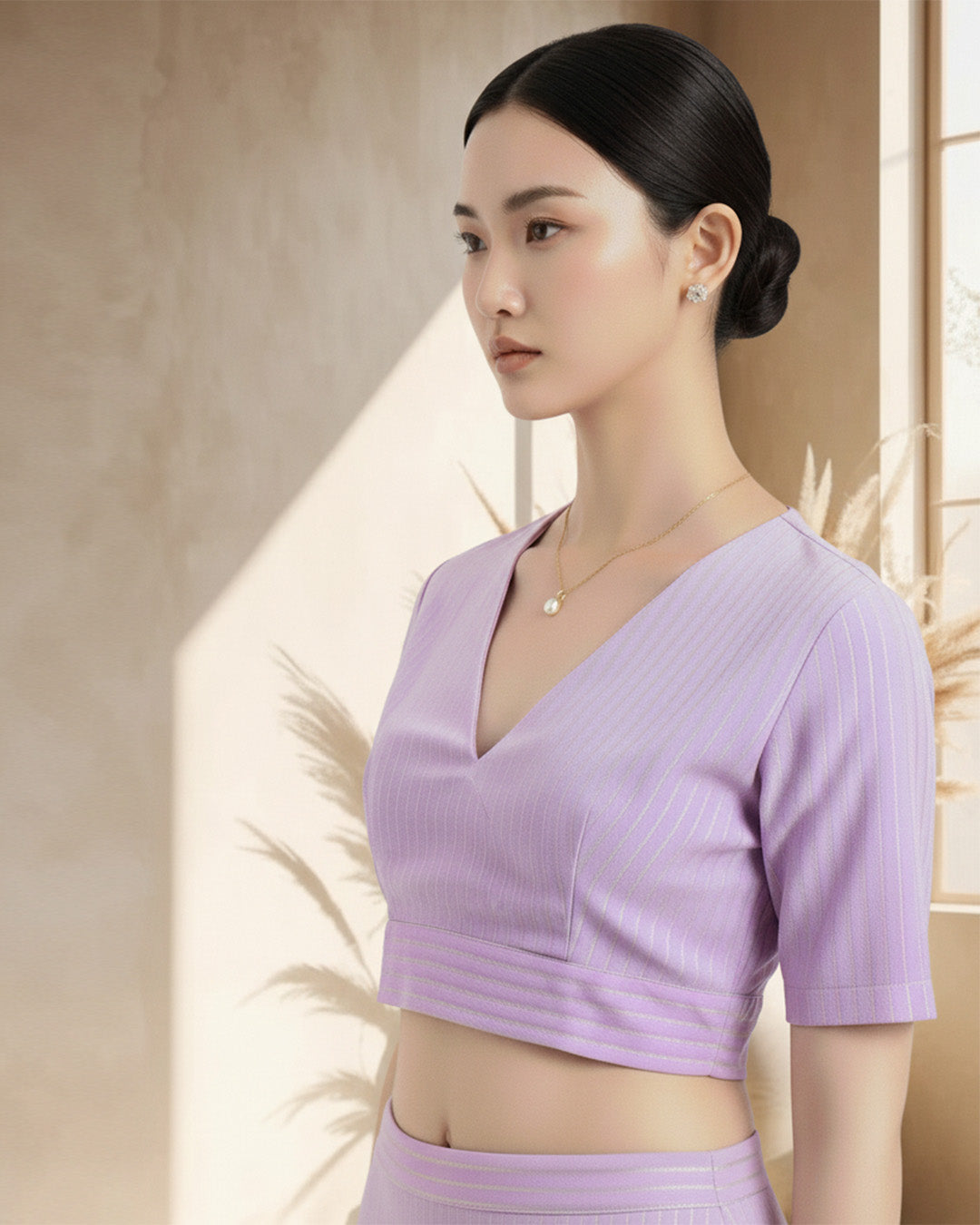 Festive Iris Pink Golden Stripes Deep V Blouse