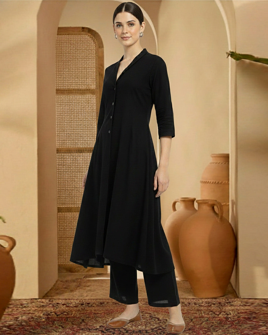 Black Rayon Button Bliss Co-ord Set