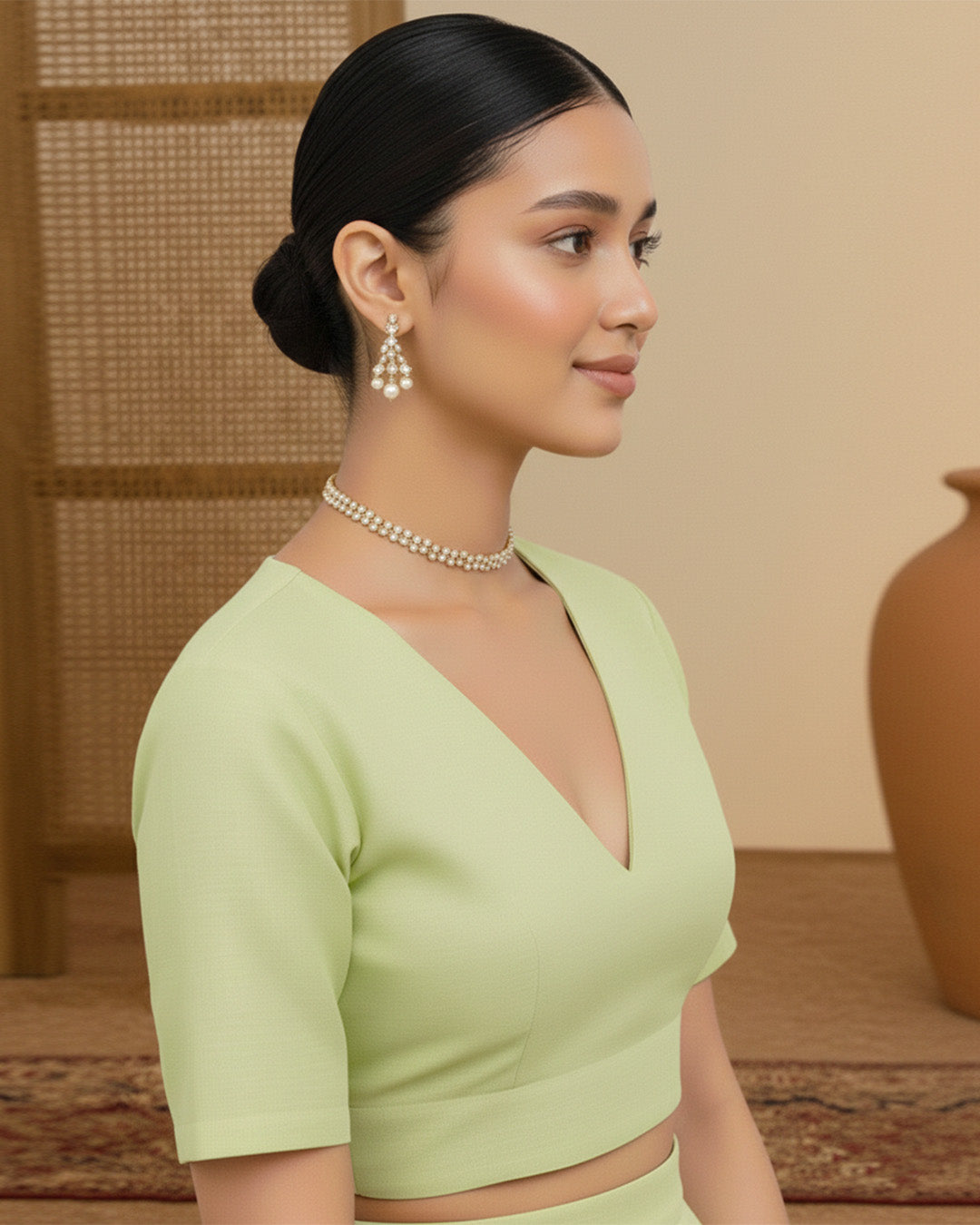 Silk Lime Green Deep V Blouse