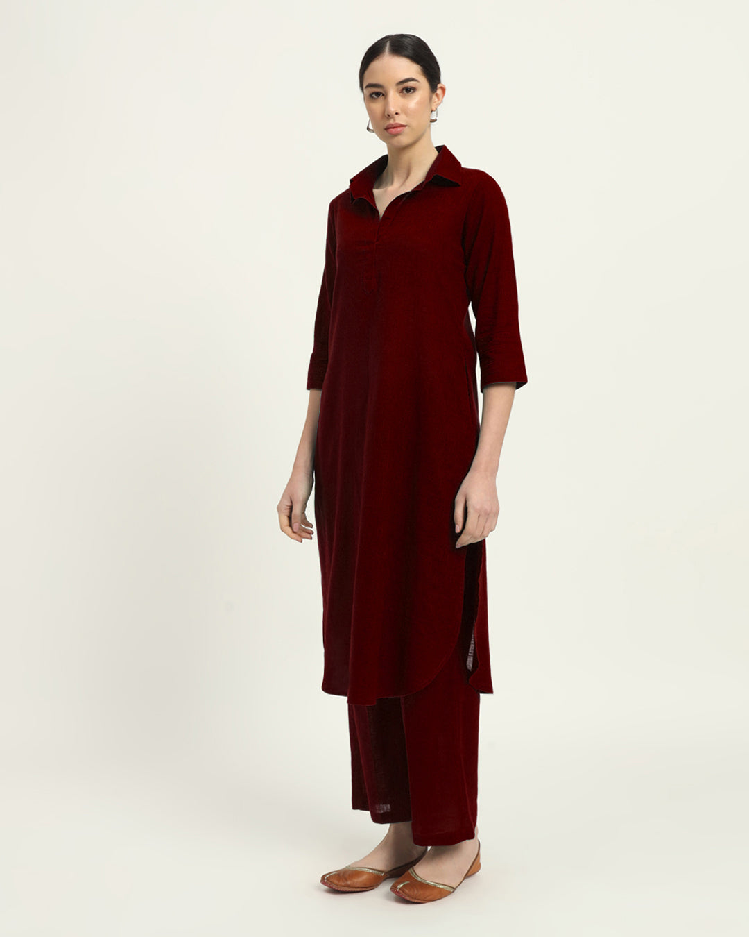 Russet Red Collar Comfort Solid Kurta (Without Bottoms)