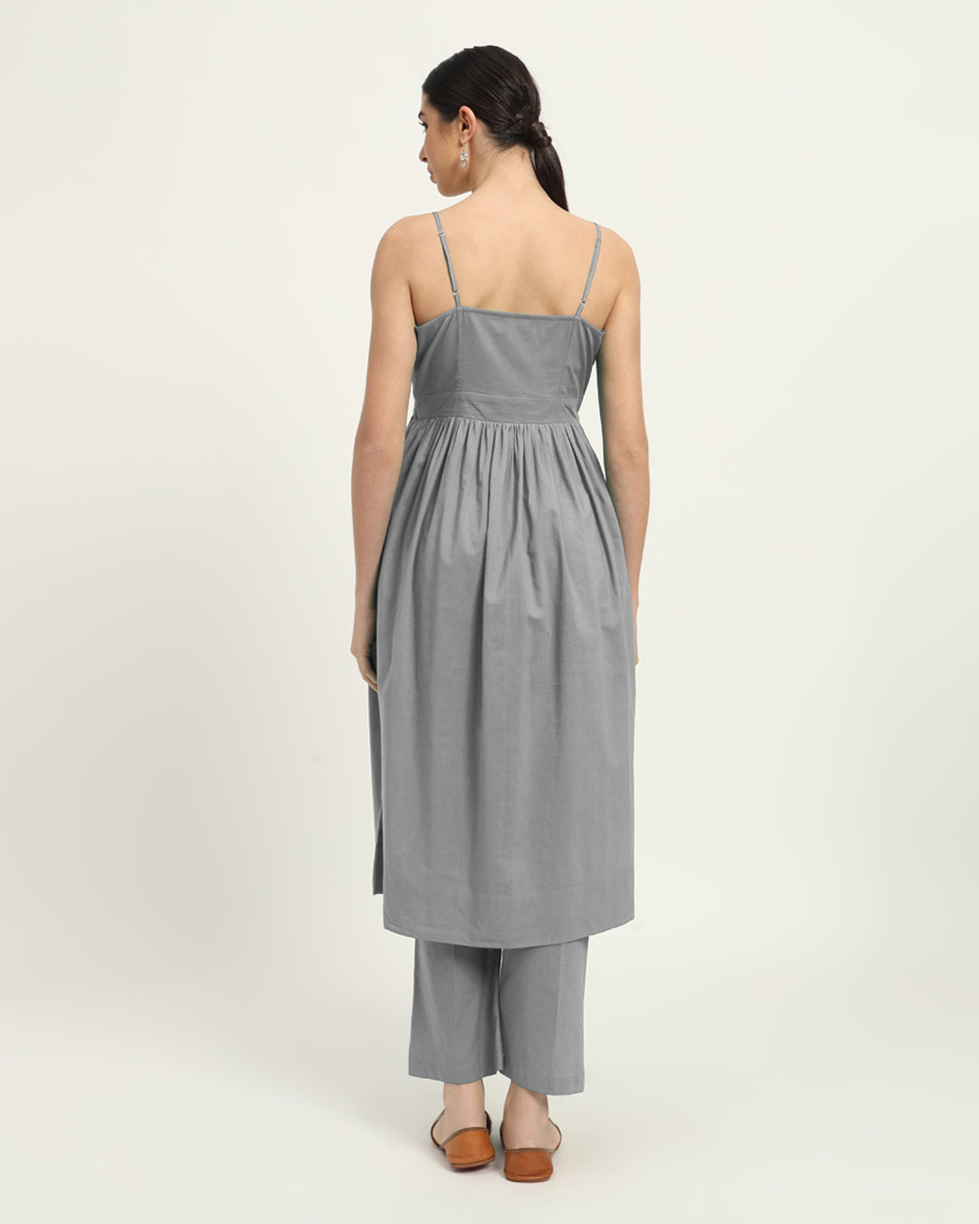 Iced Grey Vogue Spaghetti Gathered Solid Co-ord Set
