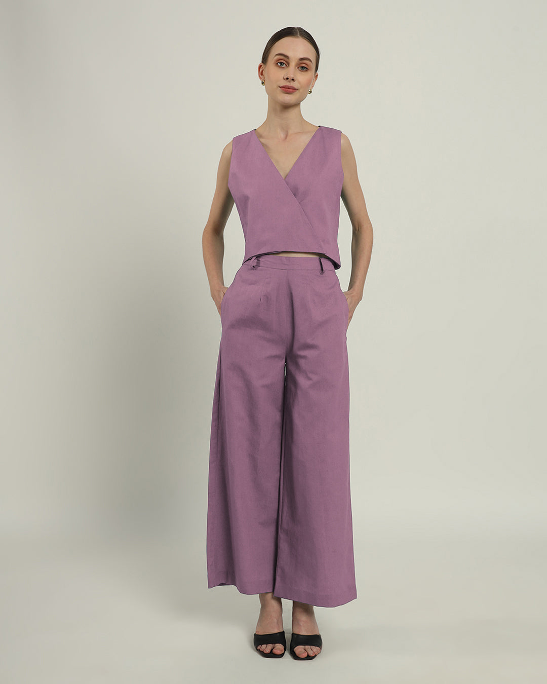 Purple Swirl V Neck Overlap Co-ord Set