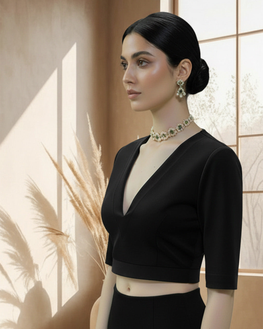 Black Allure Deep V Velvet Blouse