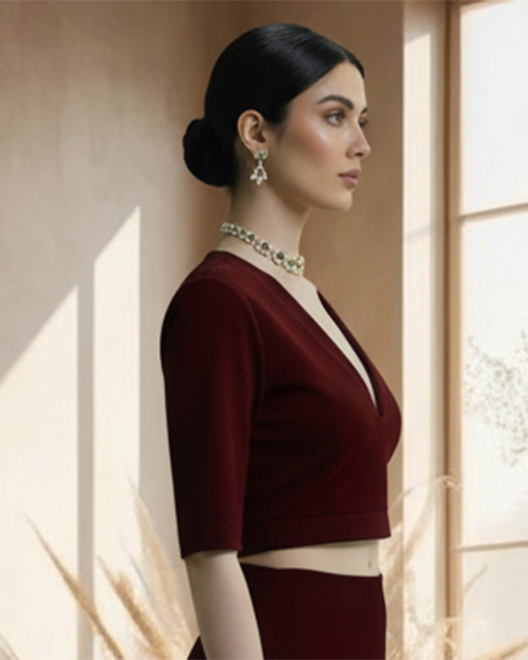 Maroon Allure Deep V Velvet Blouse