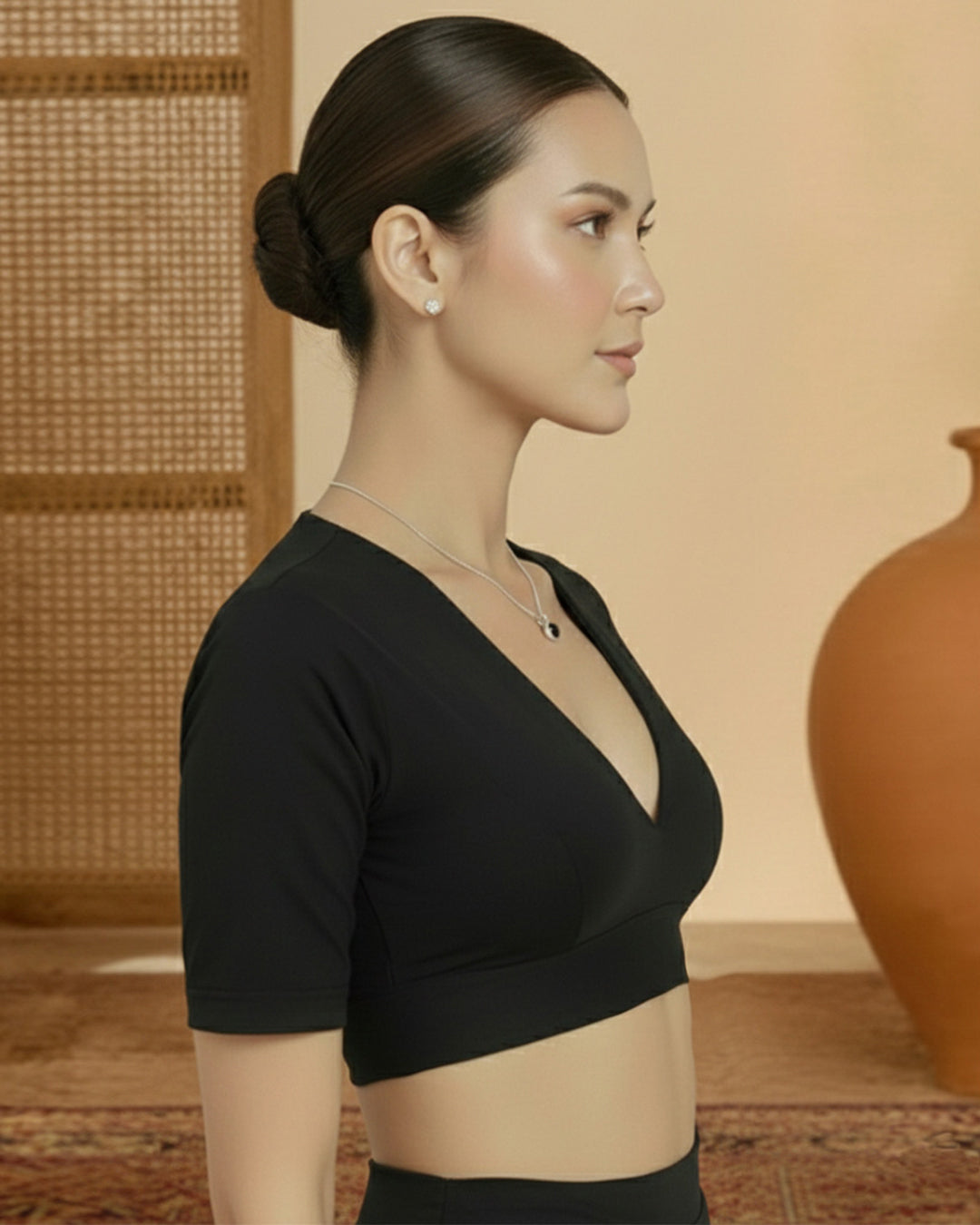 Black Rayon Deep V Blouse