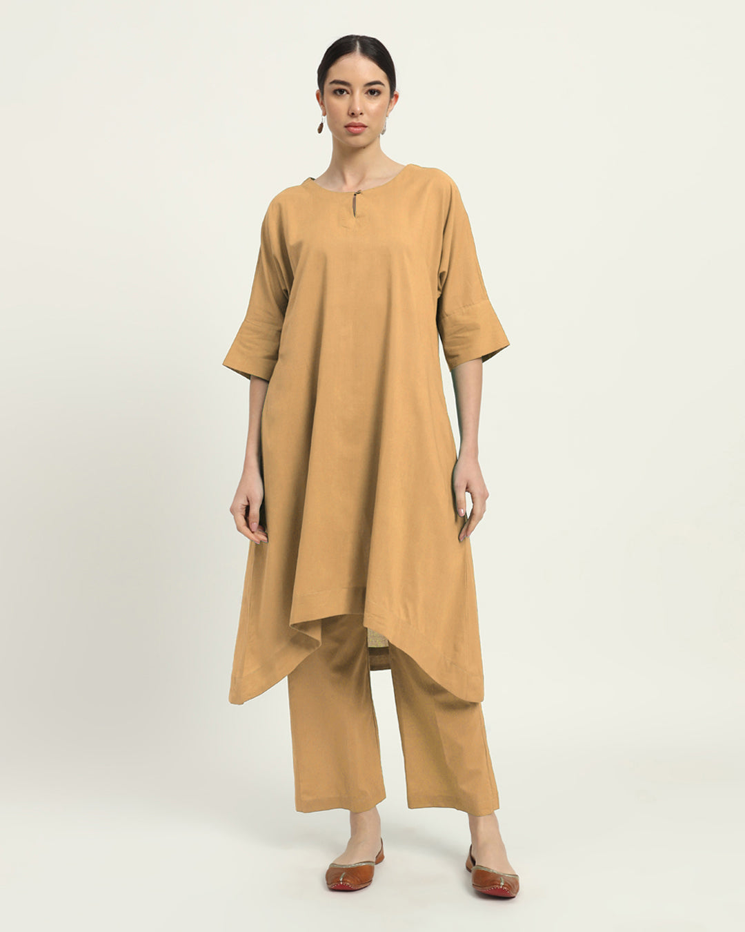 Beige Flare & Flow Boat Neck Solid Kurta (Without Bottoms)