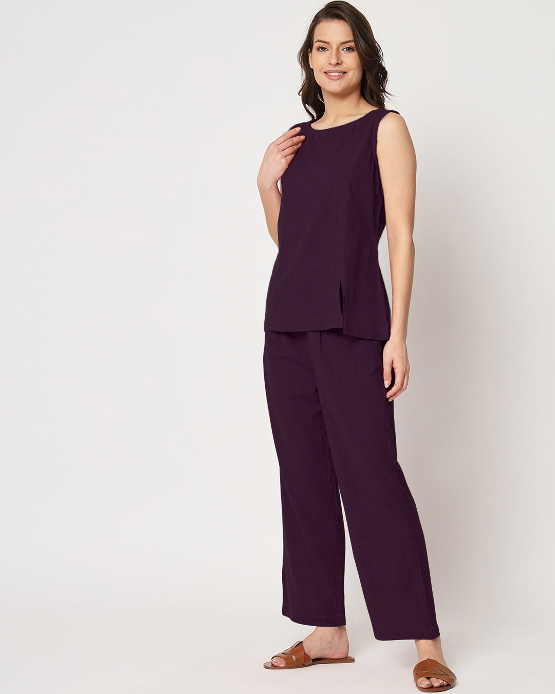 Plum Passion Sleeveless Short Length Solid Co-ord Set