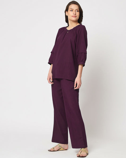 Plum Passion Button Neck Solid Top (Without Bottoms)