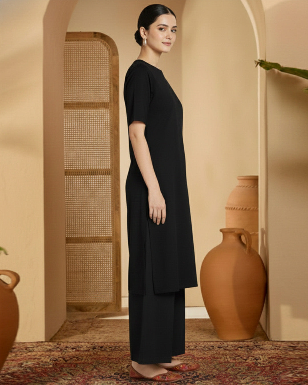 Black Rayon Round Neck Long co-ord Set