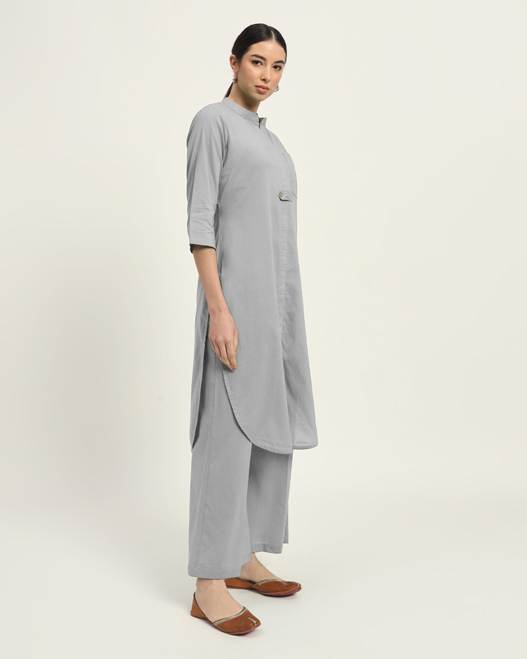 Combo: Beige & Iced Grey Urban Retreat Band Collar Kurta