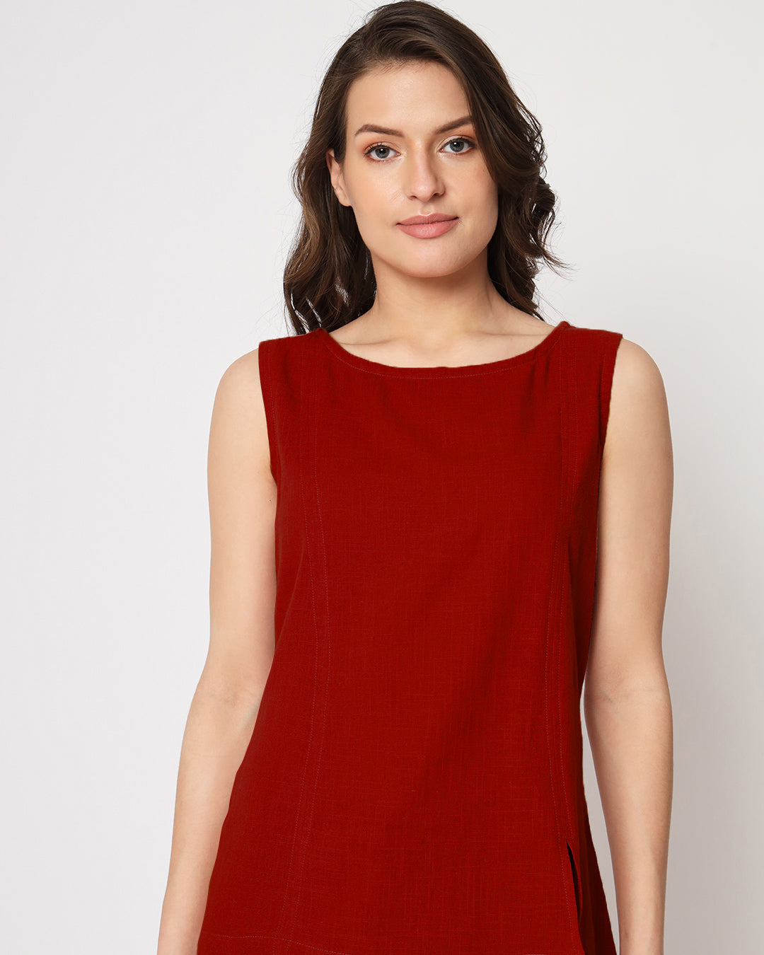 Classic Red Sleeveless Short Length Solid Top (Without Bottoms)