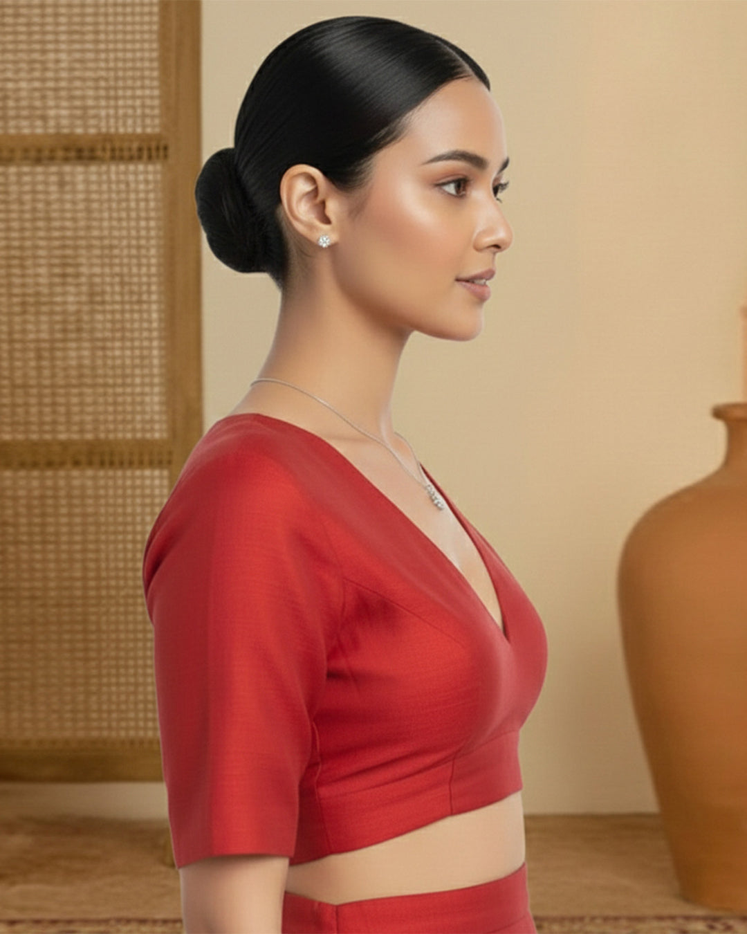 Silk Red Deep V Blouse