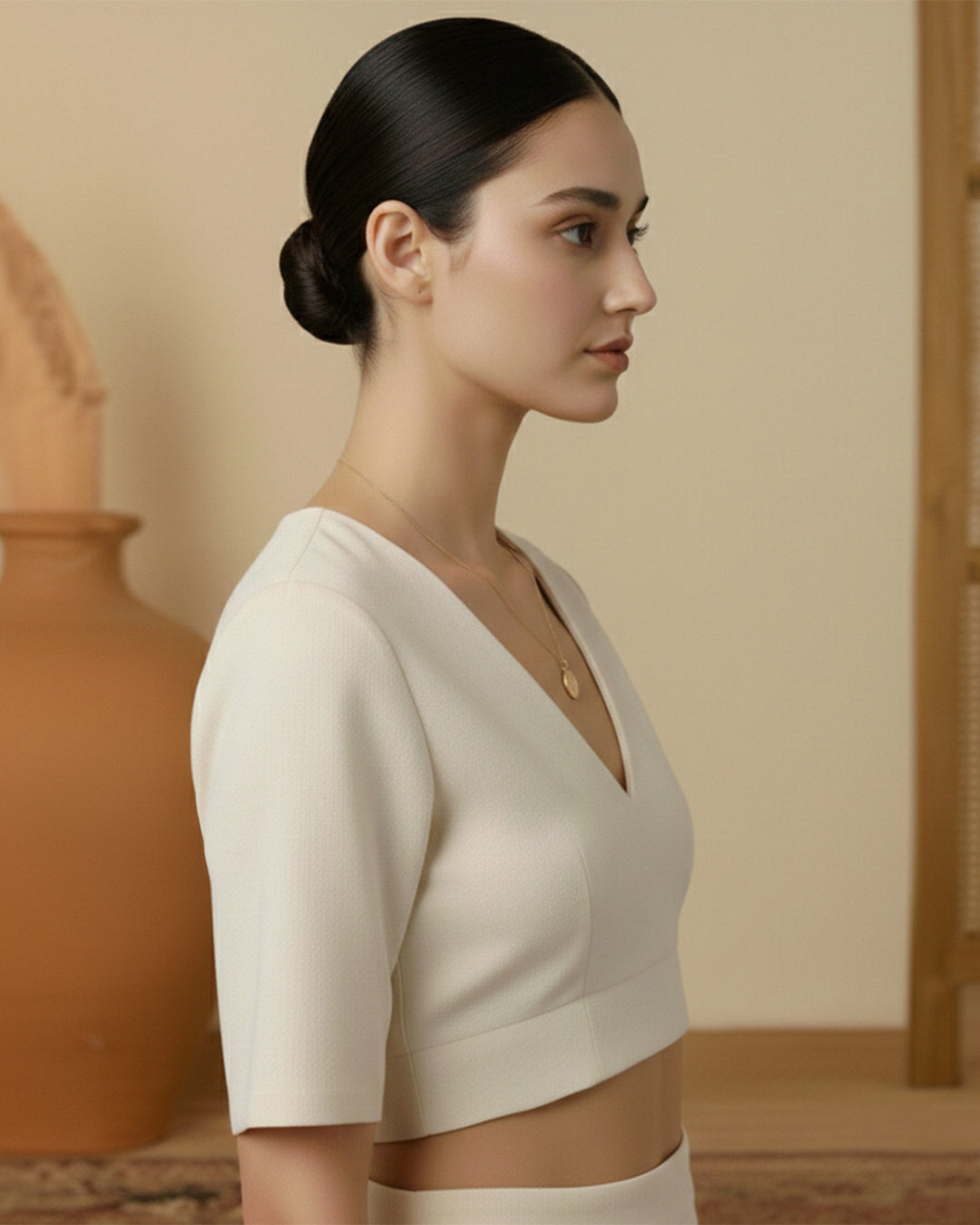 Silk Cream Deep V Blouse