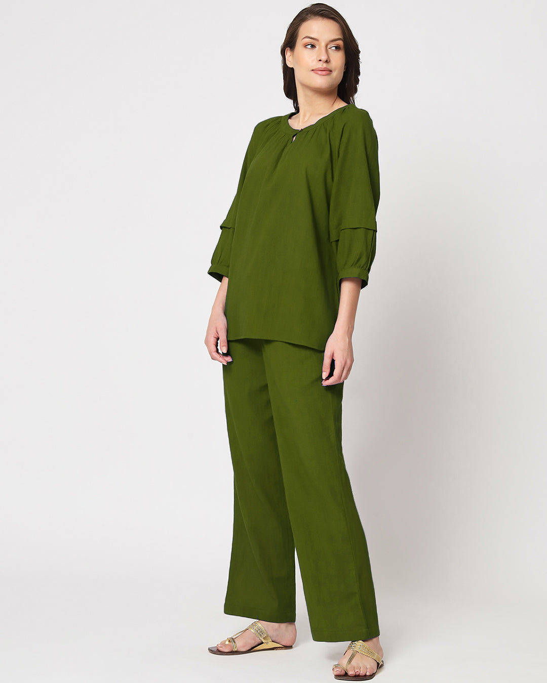 Greening Spring Button Neck Solid Top (Without Bottoms)