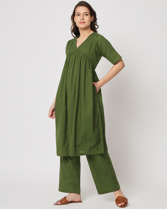 Greening Spring Gathered Solid Kurta (Without Bottoms)