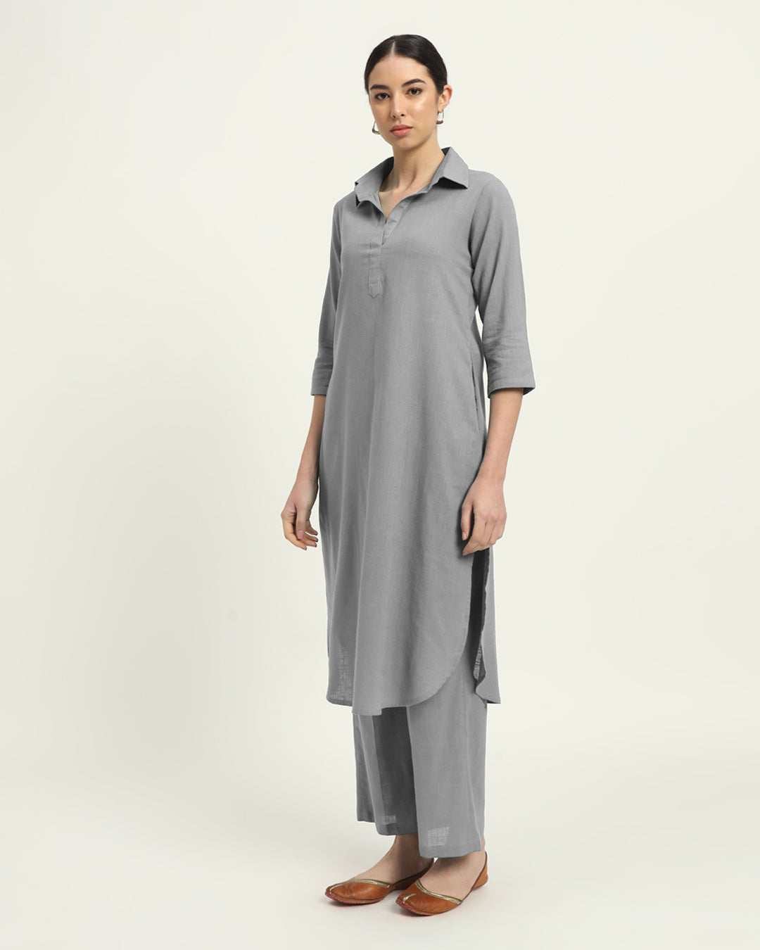 Iced Grey Collar Comfort Solid Kurta (Without Bottoms)