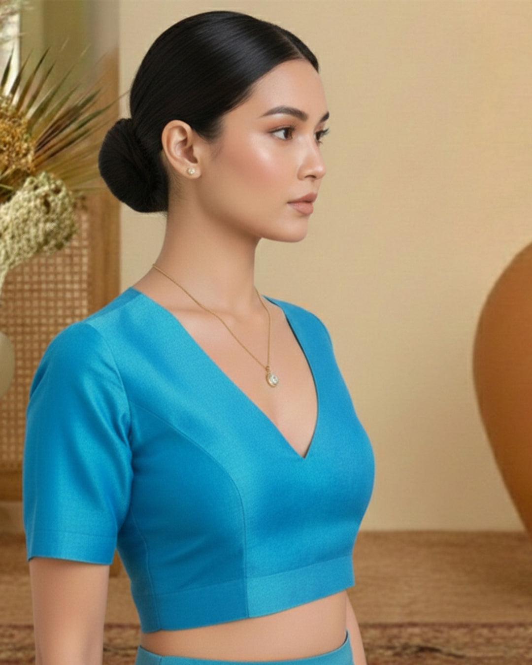 Silk Firozi Deep V Blouse