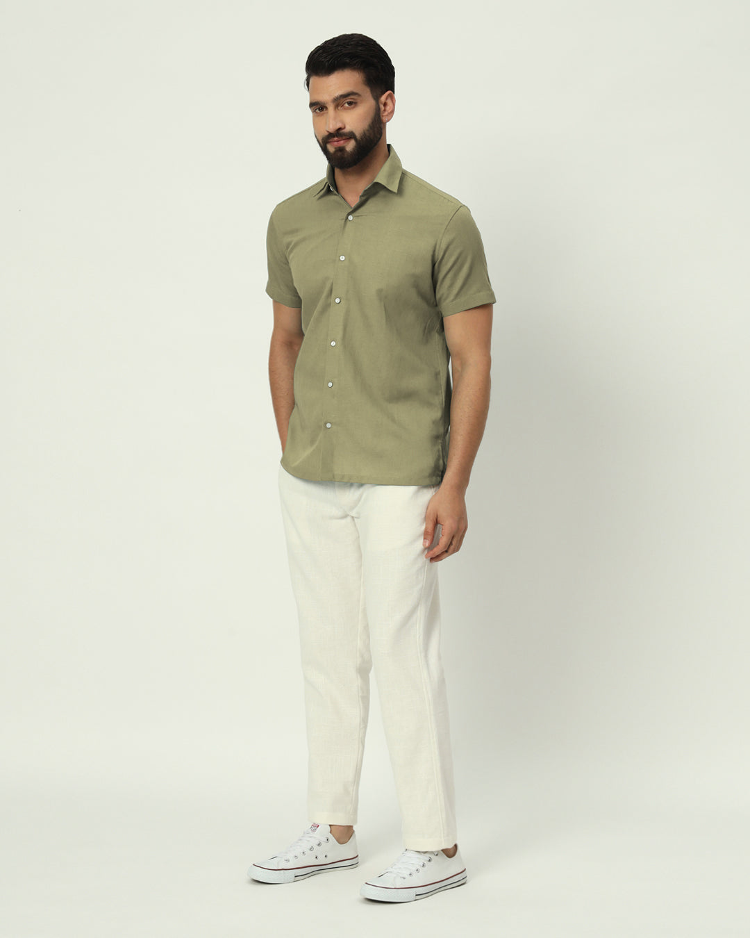 Olive Regular Fit Half Sleeves Linen Men's Shirt