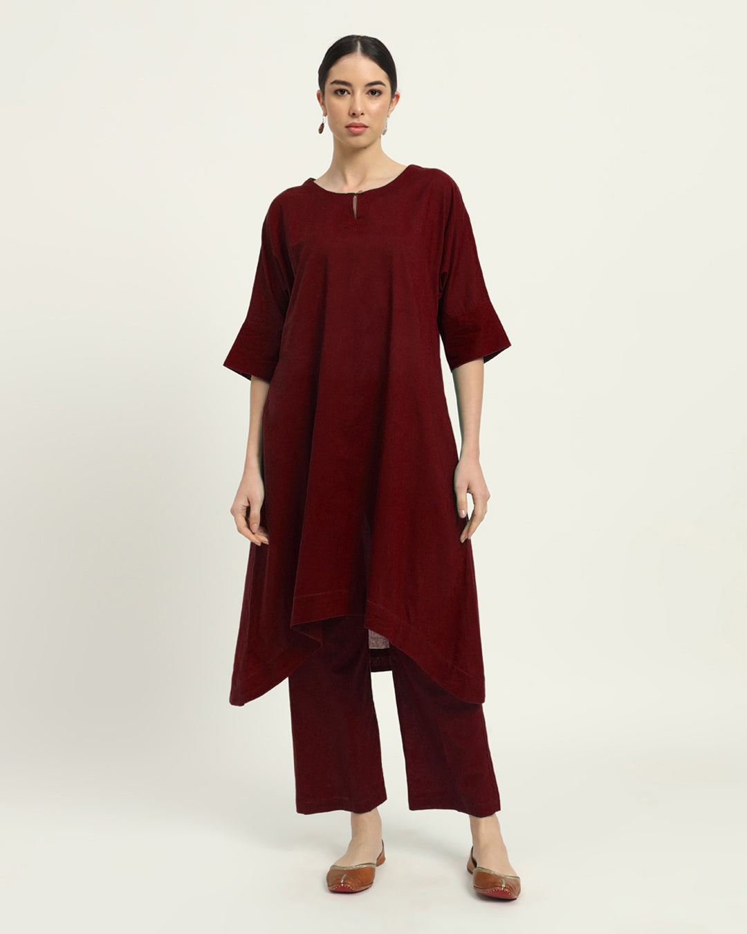 Russet Red Flare & Flow Boat Neck Solid Kurta (Without Bottoms)