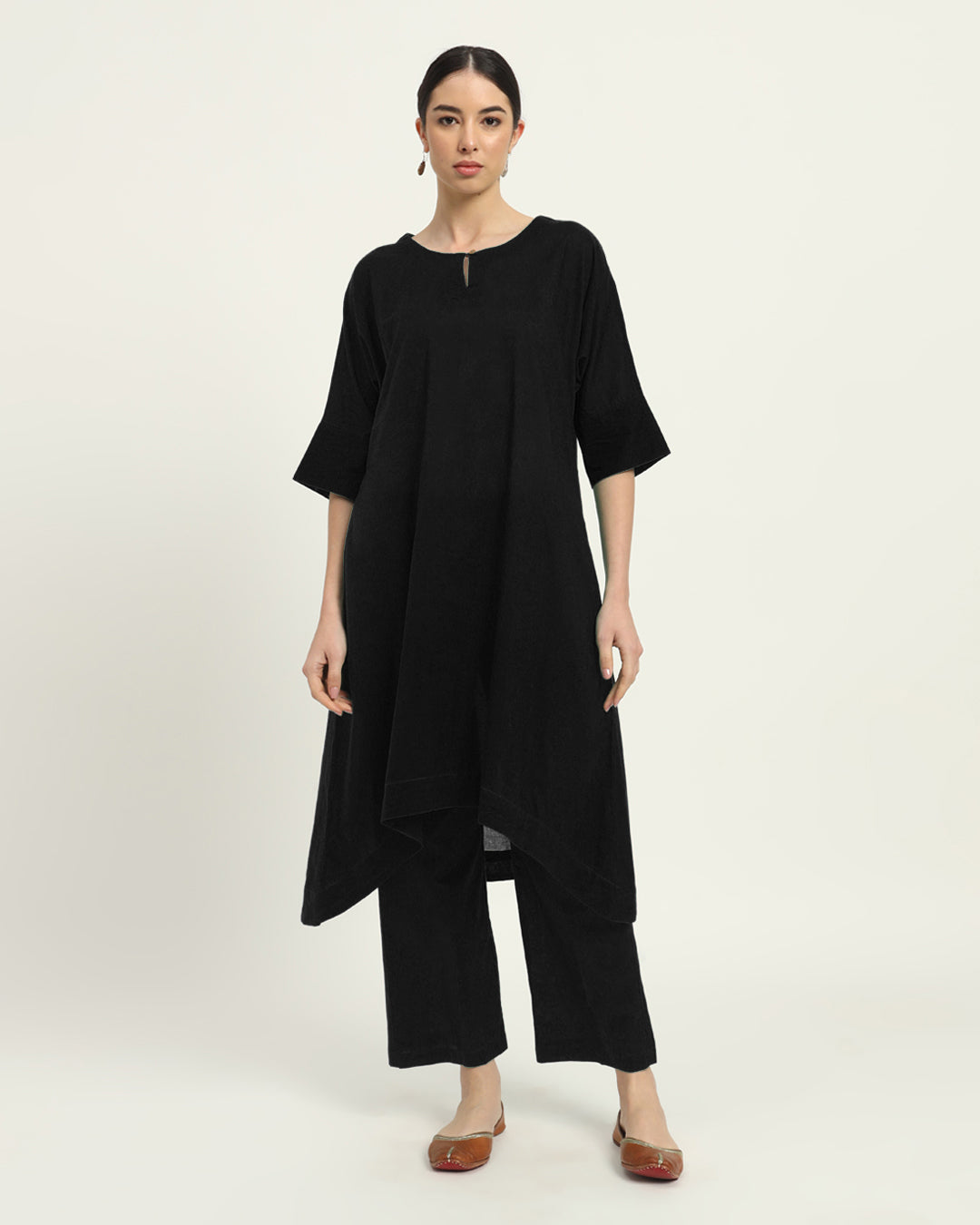 Black Flare & Flow Boat Neck Solid Kurta (Without Bottoms)