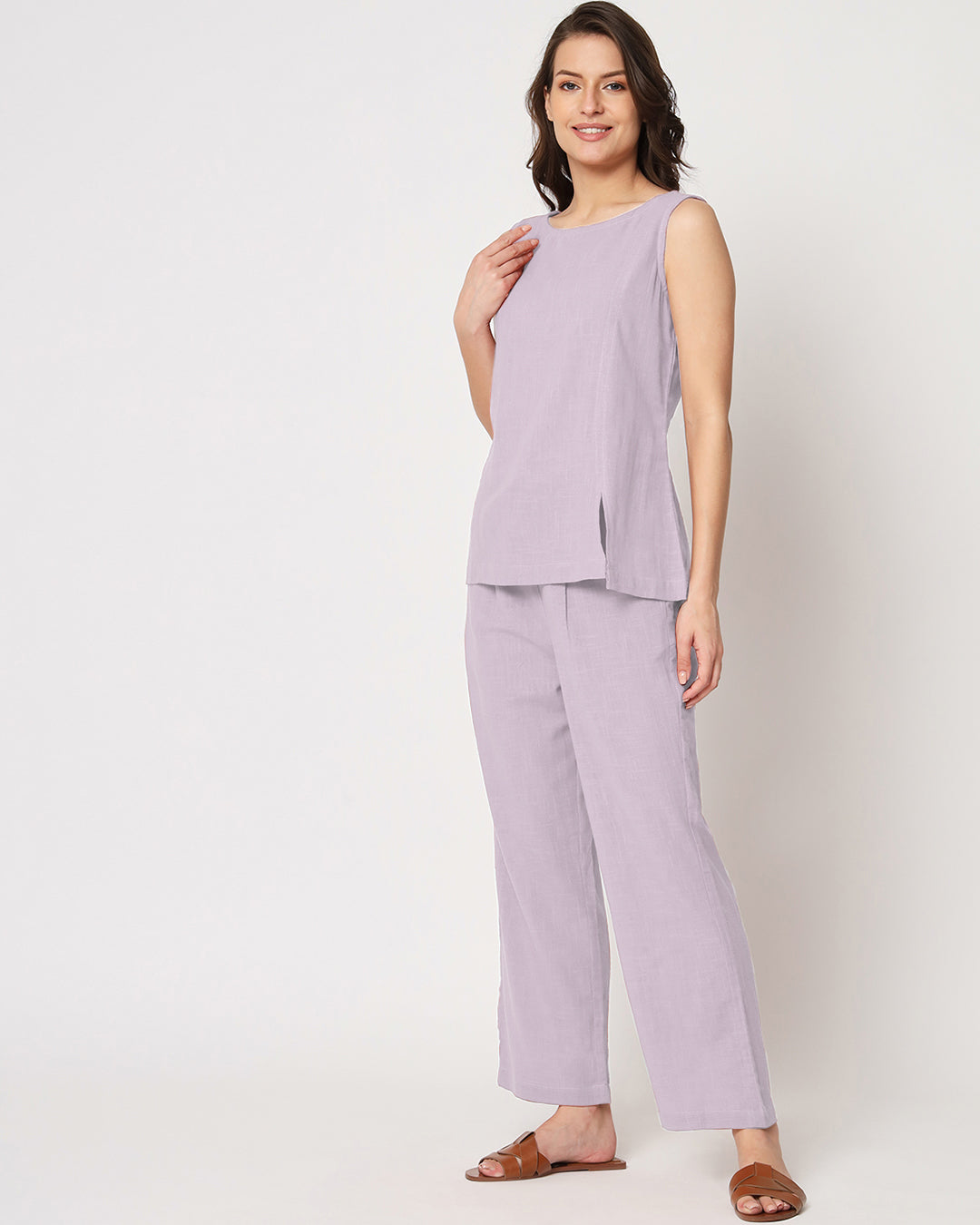 Lilac Sleeveless Short Length Solid Co-ord Set