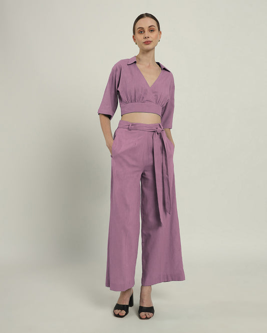 Purple Swirl V Graceful Gathers Crop Solid Co-ord Set