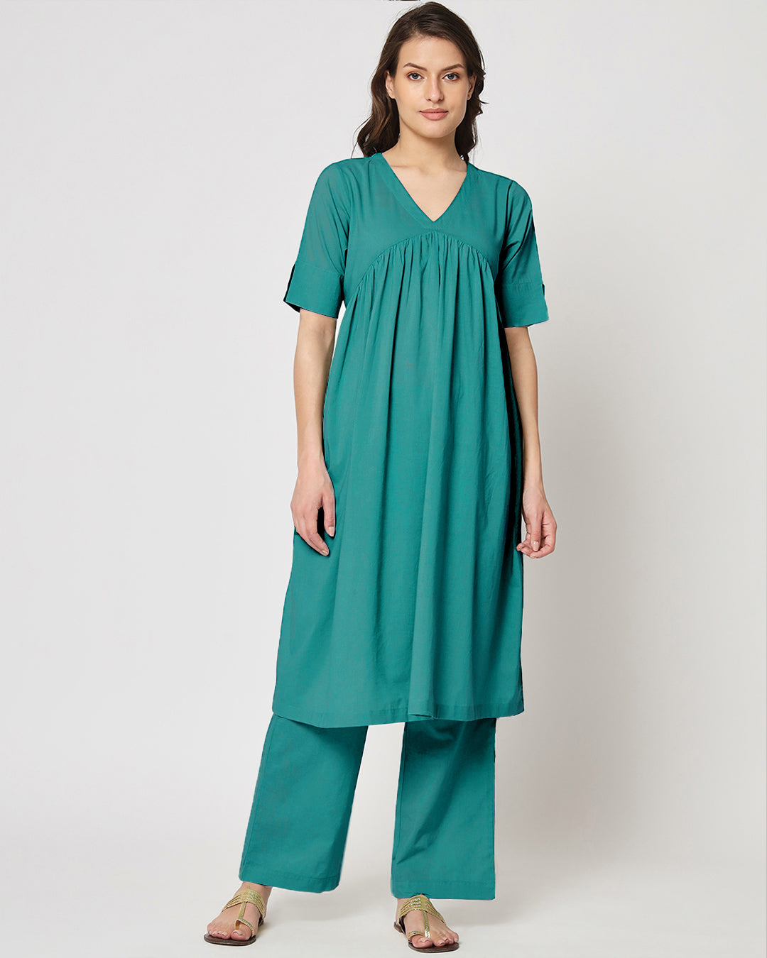 Forest Green Gathered Solid Kurta (Without Bottoms)