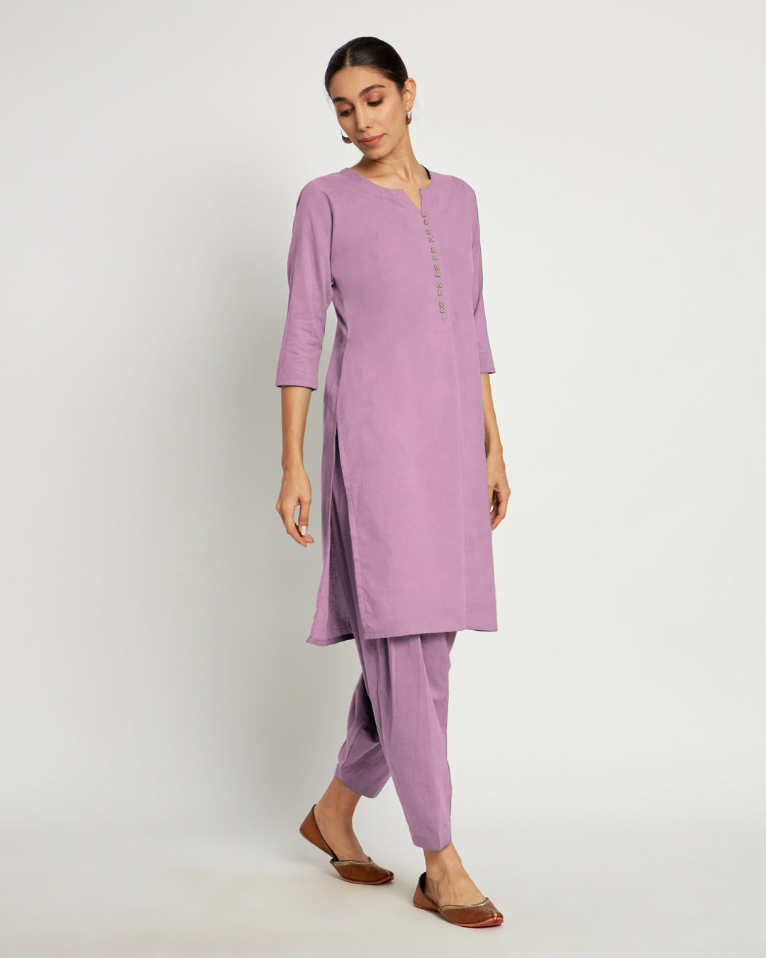 Iris Pink Button Neck Long Solid Co-ord Set