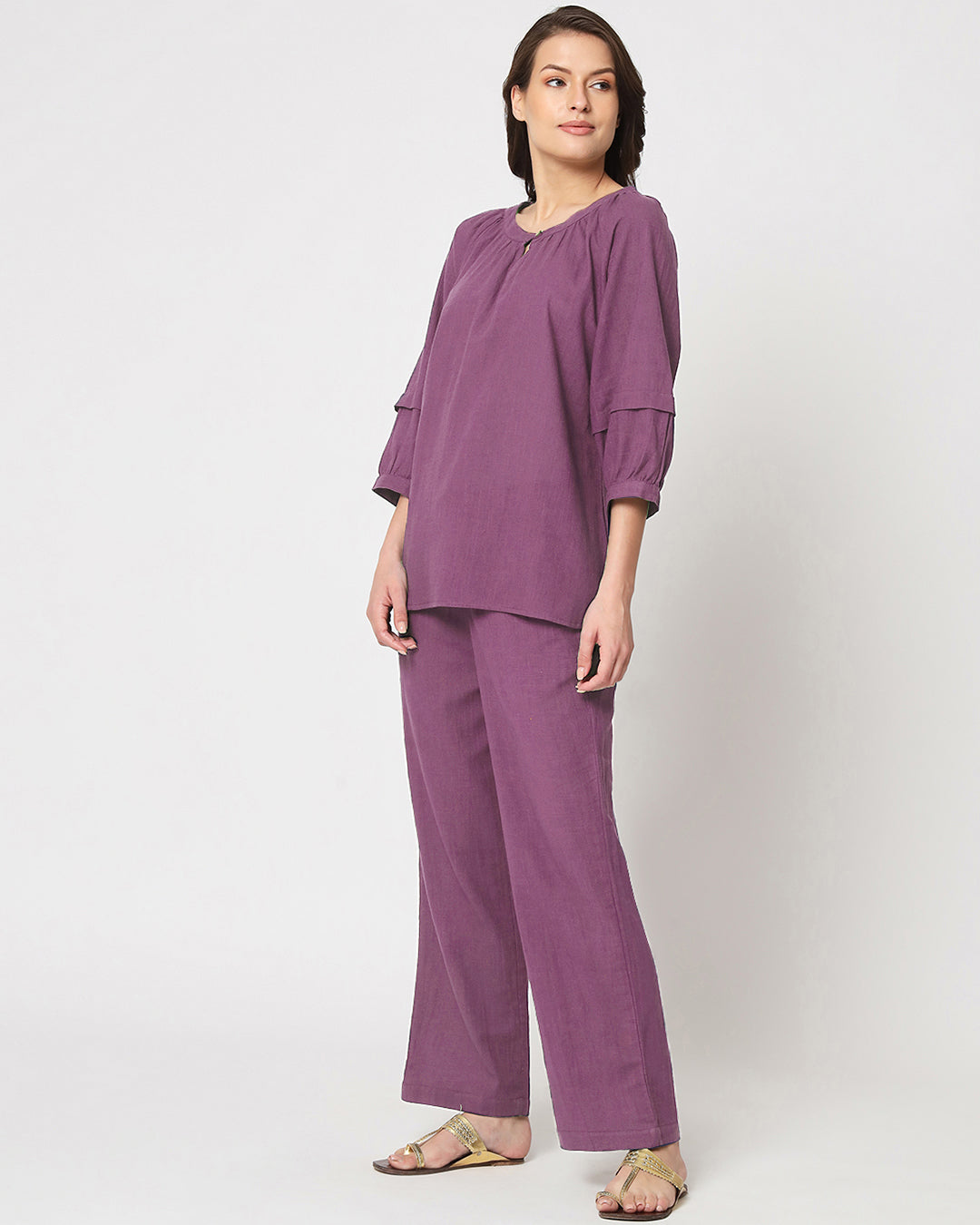 Wisteria Purple Button Neck Solid Top (Without Bottoms)