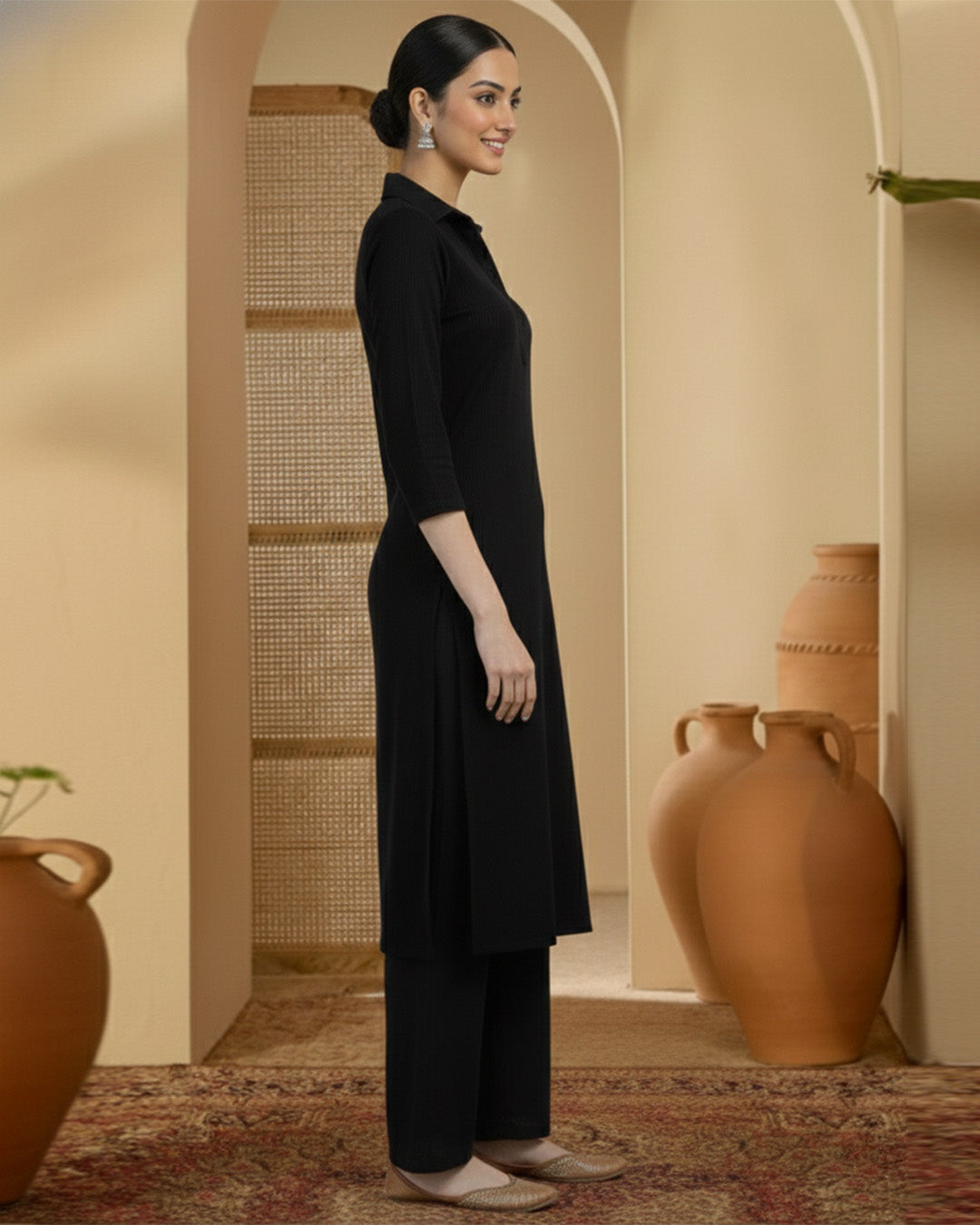 Black Rayon Collar Comfort Co-ord Set