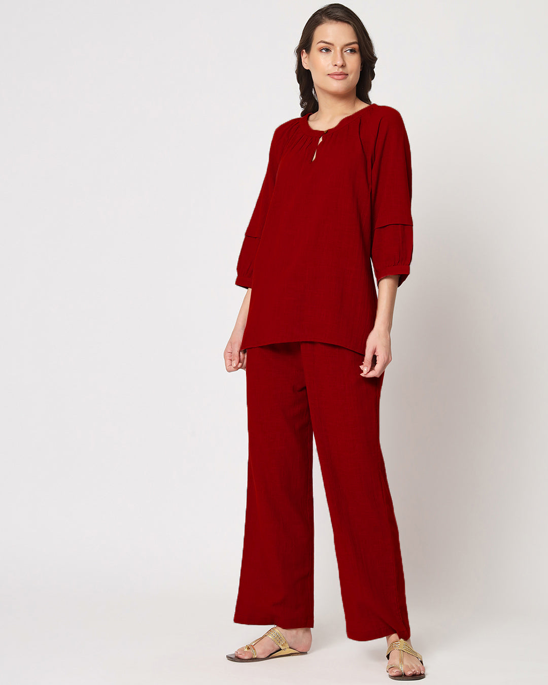 Classic Red Button Neck Solid Top (Without Bottoms)