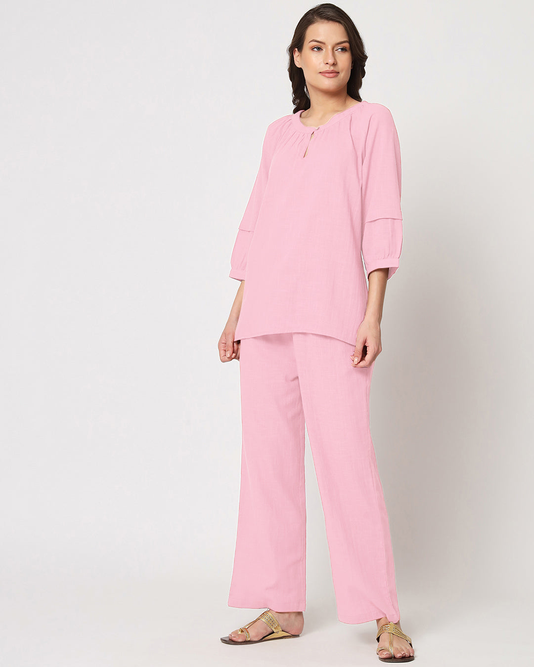 Pink Mist Button Neck Solid Top (Without Bottoms)