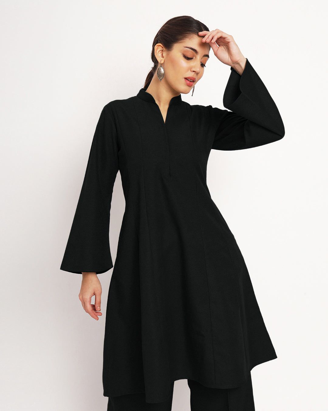 Black Flared Woolen Kurta (Without Bottoms)