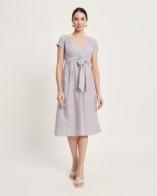 Mauve Mirage Stripes Voguish Verve V Neck Tie-Belt Dress