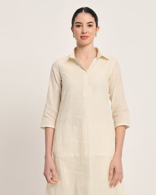 White Glisten Collar Comfort Thin Silver Stripes Kurta (Without Bottoms)