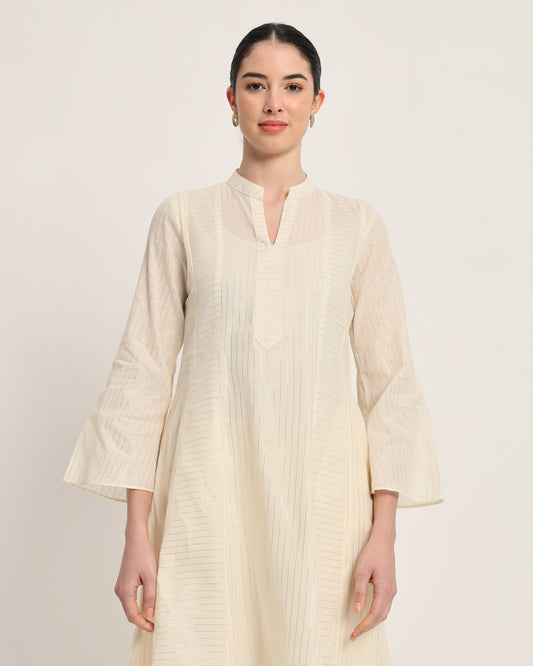 White Glisten Flare Grace A-Line Thin Silver Stripes Kurta (Without Bottoms)