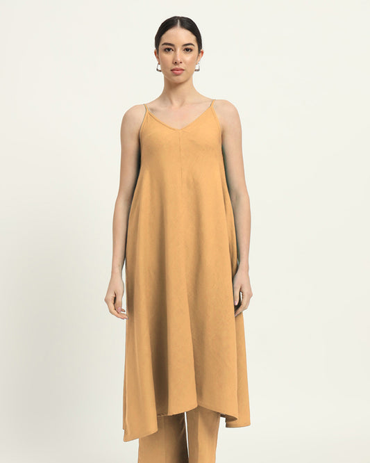 Beige Leisurely Affair Spaghetti Solid Kurta (Without Bottoms)