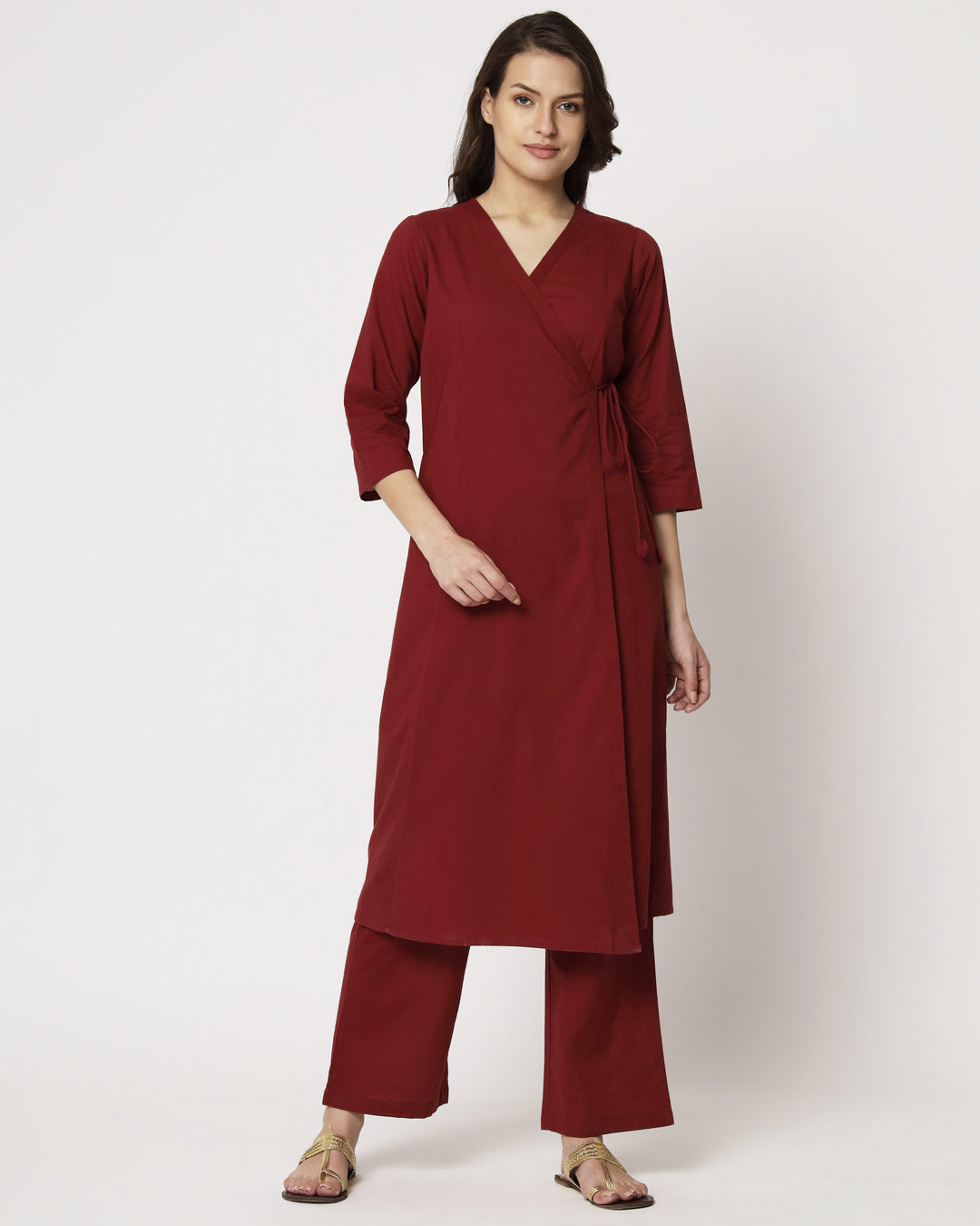Russet Red Angrakha Solid Kurta (Without Bottoms)