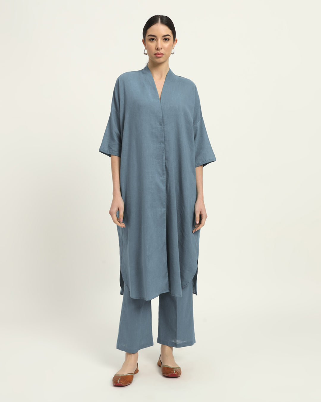 Combo: Blue Dawn & Iced Grey Serene Sojourn V Neck Solid Kurta