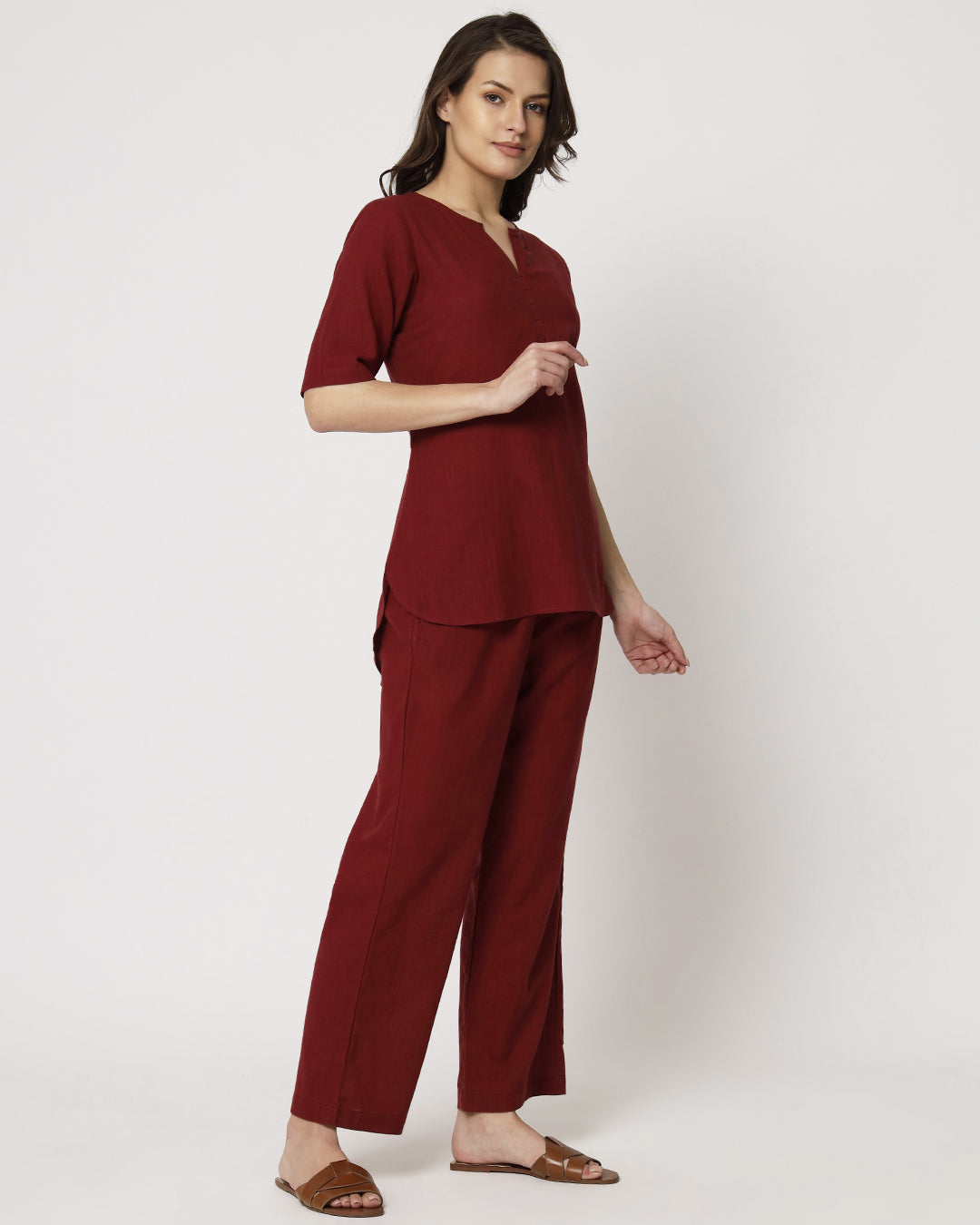 Russet Red Collar Neck Short Length Solid Co-ord Set