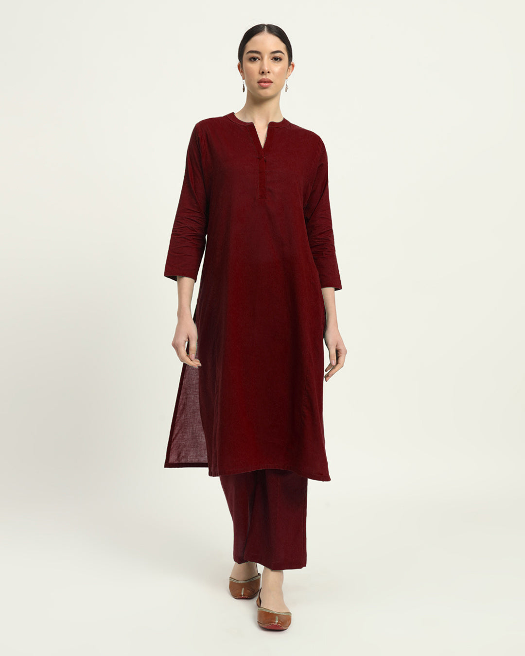 Russet Red Everyday Bliss Notch Neck Solid Kurta (Without Bottoms)