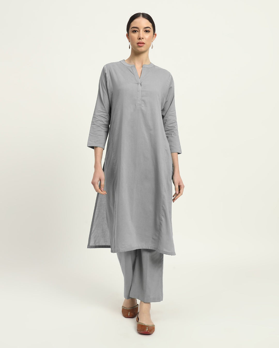 Iced Grey Everyday Bliss Notch Neck Solid Kurta (Without Bottoms)