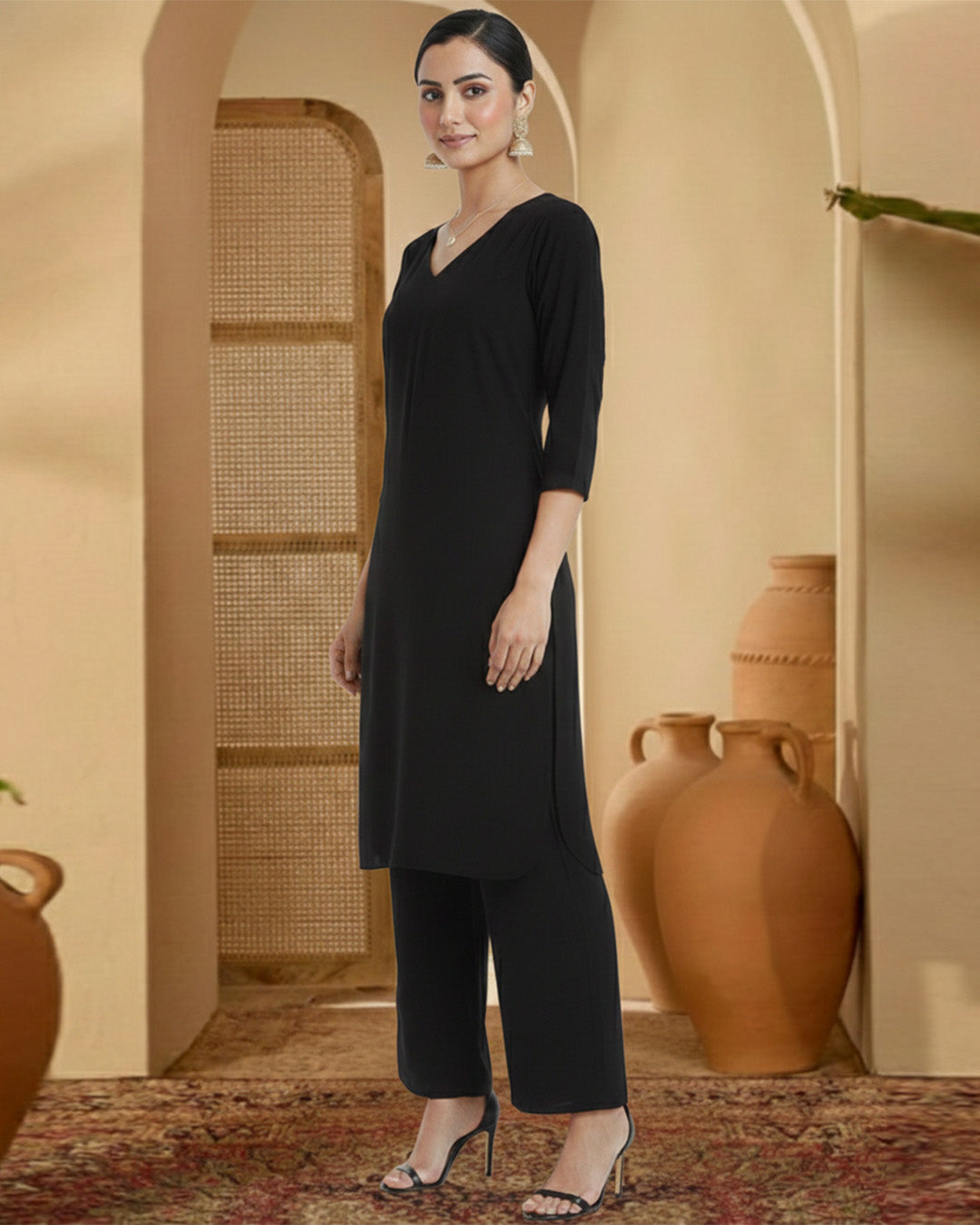 Black Rayon V Cut Charm Co-ord Set