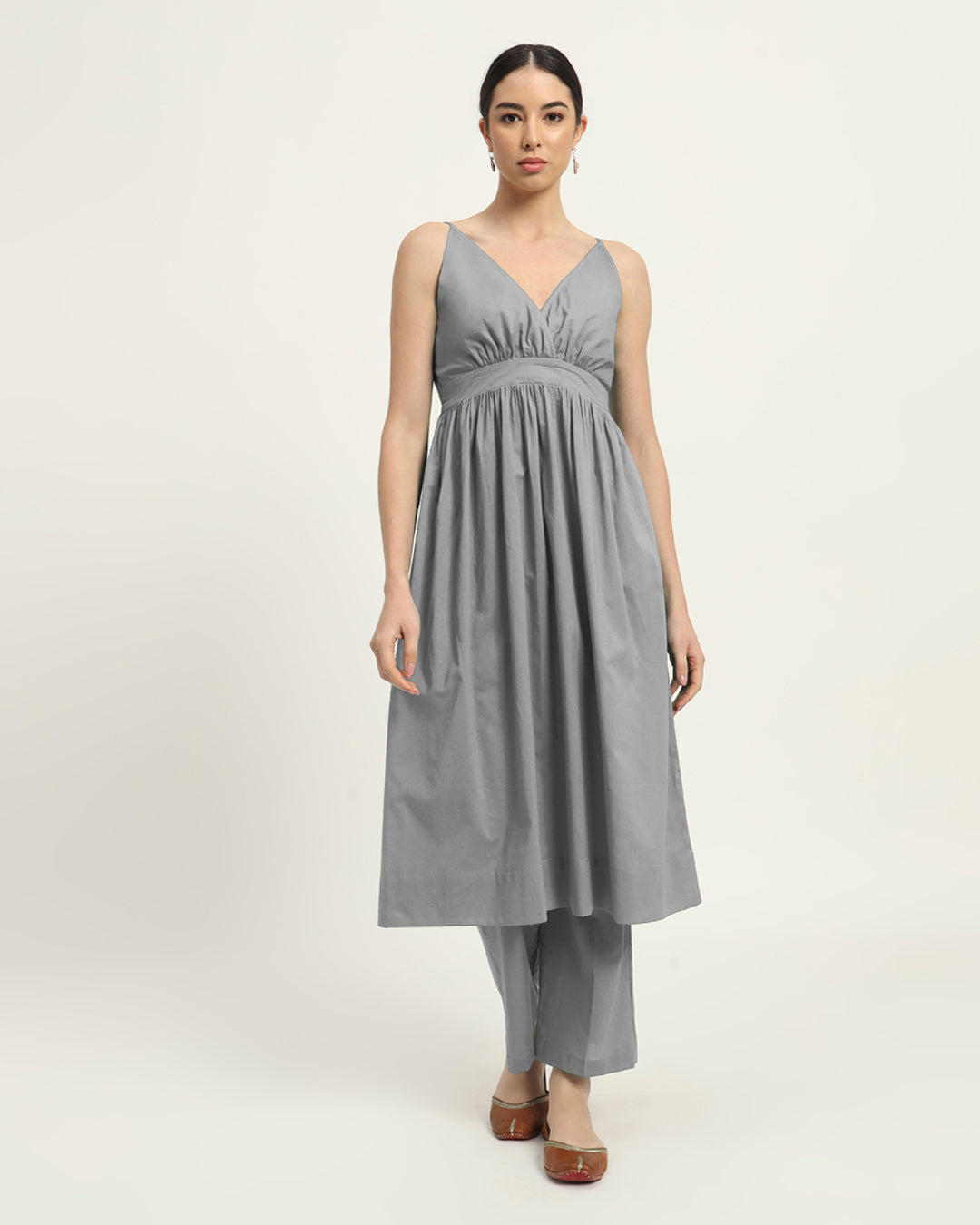 Iced Grey Vogue Spaghetti Gathered Solid Co-ord Set