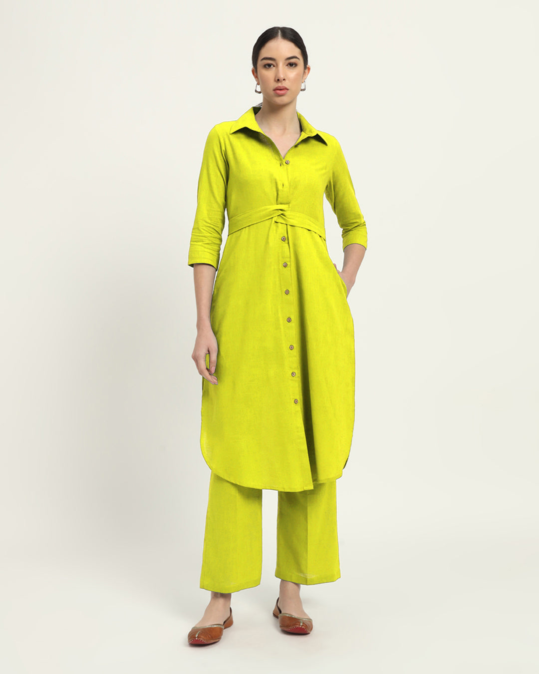 Lime Bellisimo Belted Solid  Kurta (Without Bottoms)