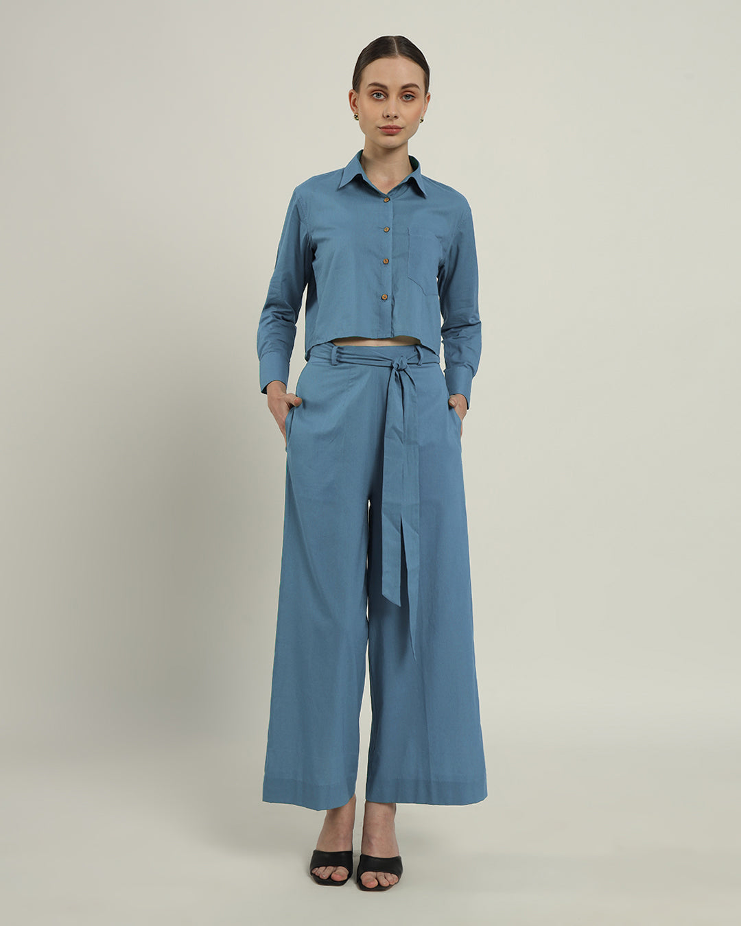 Blue Dawn Knot & Crop Shirt Solid Co-ord Set