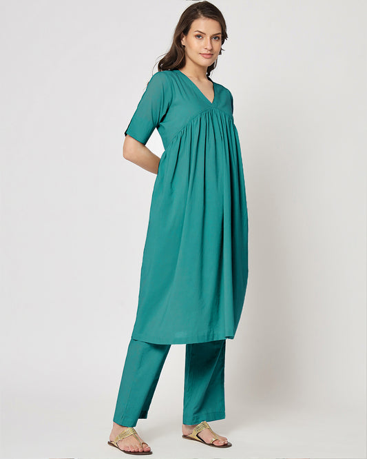 Forest Green Gathered Solid Kurta (Without Bottoms)