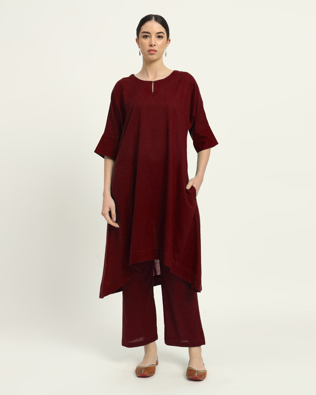 Russet Red Flare & Flow Boat Neck Solid Kurta (Without Bottoms)